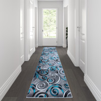 Flash Furniture ACD-RG414-310-TQ-GG Masie Collection 3' x 10' Turquoise Swirl Olefin Area Rug with Jute Backing - Entryway, Living Room, Bedroom